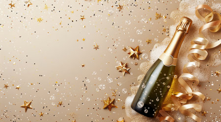 A champagne bottle pops open, spraying bubbly liquid and creating a festive scene with golden stars and a ribbon on a beige background.の素材