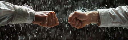 Two fists clash in the midst of a rainstorm, creating a dramatic spray of water droplets.の素材