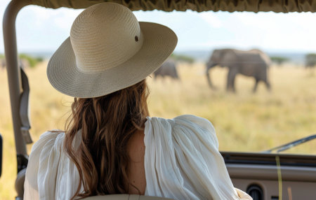 A woman wearing a straw hat sits in a safari vehicle, looking out at elephants walking in the distance.の素材