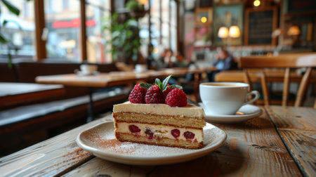 A slice of cake placed neatly on a white plate, ready to be enjoyed.の素材