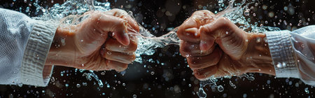 Two fists clash in the midst of a rainstorm, creating a dramatic spray of water droplets.の素材