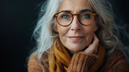 An older woman wearing glasses and a red scarf, captured in a candid moment.の素材