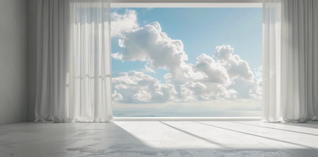 An empty room with windows showing a view of the sky with fluffy clouds outside.の素材