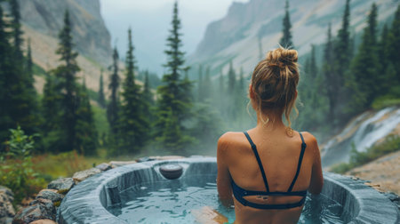A woman sitting in a hot tub with a backdrop of a majestic mountain in the distance.の素材