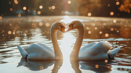 Two white swans are perched on the surface of the water, showing their graceful presence.の素材