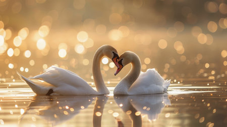 Two swans gracefully swim in the water as the sun sets in the background.の素材