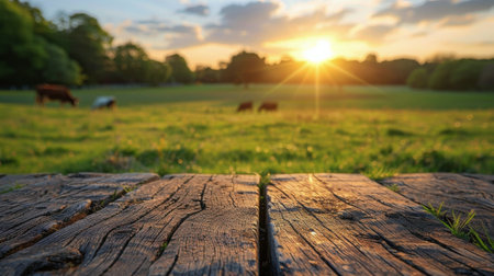 A wooden table is positioned in front of a vast field of green grass, under an open sky.の素材