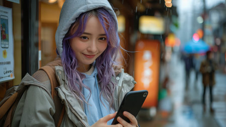 A woman with vibrant purple hair is focused on her cellphone screen, engaging with the digital world.の素材