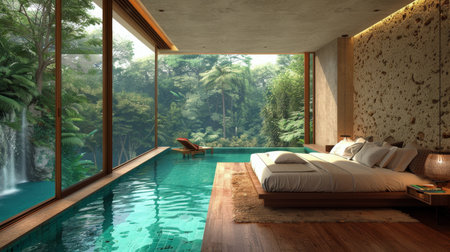 A bedroom featuring a pool at its center, creating a unique and modern design concept.の素材
