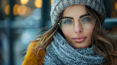 A woman is bundled up in a cozy knitted hat and scarf.の素材