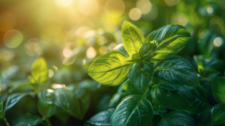 Detailed view of a vibrant green leafy plant, showing its intricate veins and texture.の素材