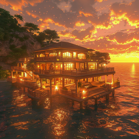 A hut built on stilts above the water with a vibrant sunset in the background.の素材