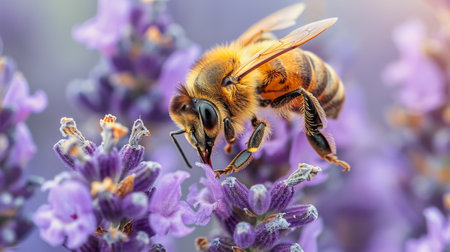 A bee is close up on a purple flower, collecting nectar and pollinating the bloom.の素材
