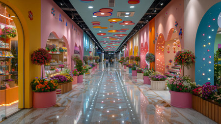 A hallway adorned with vibrant Christmas decorations and red poinsettias, creating a festive and cheerful atmosphere.の素材