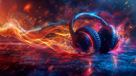 A pair of headphones resting on a wooden table surface.の素材