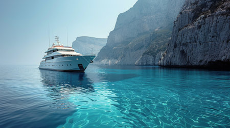 A large white boat floats gracefully on a calm body of water under a clear blue sky.の素材