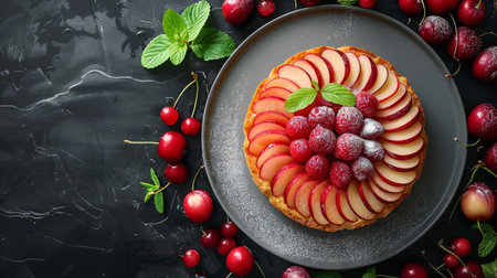 A delicious cake topped with assorted fruits on a plate surrounded by vibrant cherries, ready to be enjoyed.の素材