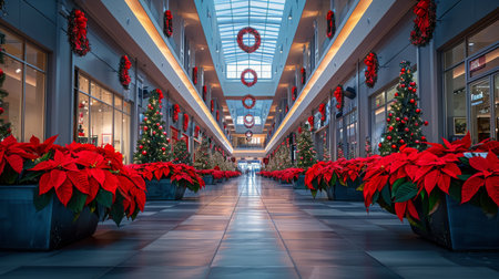 A hallway adorned with vibrant Christmas decorations and red poinsettias, creating a festive and cheerful atmosphere.の素材