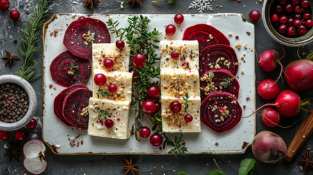 A white plate holds crackers topped with vibrant beets and savory cheese, creating a colorful and delicious snack.の素材