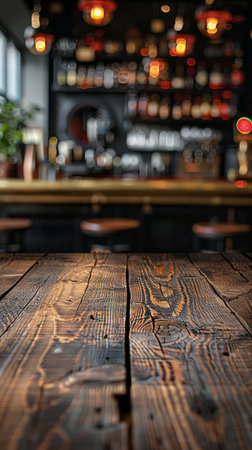 A detailed view of a wooden table in a restaurant setting, showing its texture and design.の素材