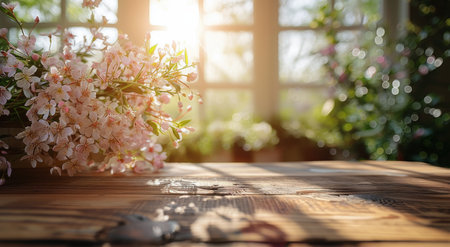 Pink flowers arranged on a wooden table in front of a window.の素材