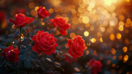 Two vibrant red roses placed on top of a wooden table.の素材
