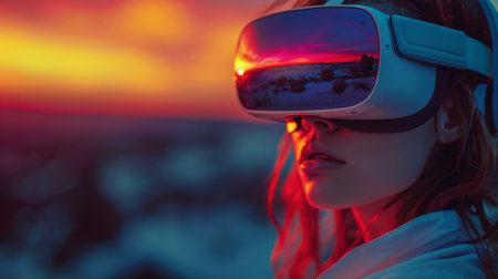 A woman immersed in virtual reality experience while wearing a headset.の素材