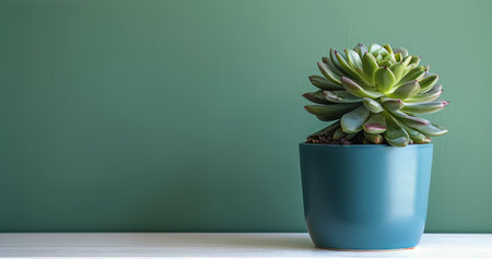 Close-up of a vibrant succulent in teal pot against green wall. Healthy leaves reaching towards camera, pot elegantの素材