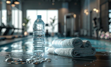 A close-up of a water bottle and two towels resting on a surface next to a pool in a fitness center.の素材