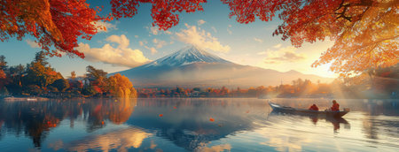 A tranquil scene of Mount Fuji with a golden sunrise, surrounded by vibrant autumn foliage and a small boat gently gliding across a serene lake.の素材
