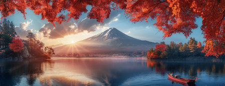 A tranquil scene of Mount Fuji with a golden sunrise, surrounded by vibrant autumn foliage and a small boat gently gliding across a serene lake.の素材