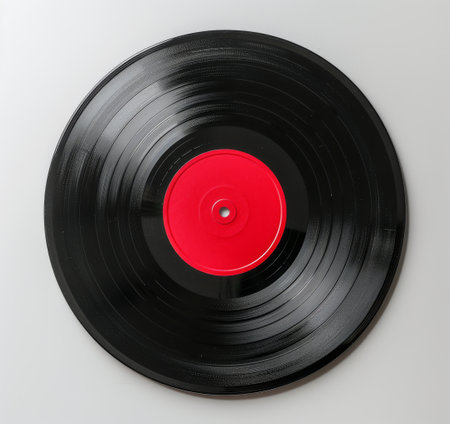 A close-up shot of a black vinyl record with a red label on a white background.の素材