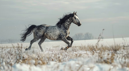 A dappled gray horse runs through a snowy field with its mane and tail flowing in the wind.の素材