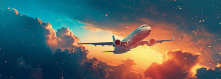 A commercial airplane flying against a backdrop of a colorful sunset with stars in the sky.の素材