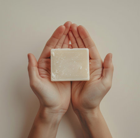 A person showcasing a soap bar in their hands, highlighting the products texture and size.の素材