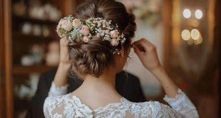 A brides hair is being styled with a floral crown by a stylist, preparing for her wedding ceremony.の素材