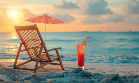 A peaceful beach scene with a red umbrella, a beach chair, and a refreshing cocktail on the sand, perfect for summer vacation.の素材