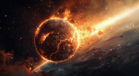 A fiery planet engulfed in flames and surrounded by debris in space.の素材