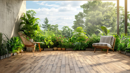 A wooden deck featuring a chair surrounded by potted plants, creating a cozy outdoor seating area.の素材