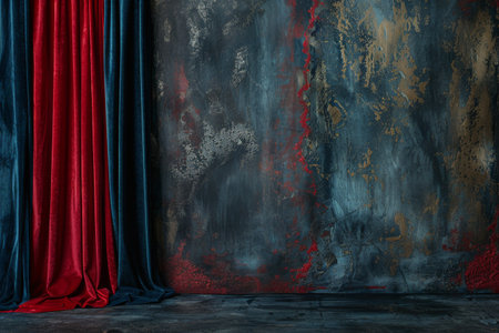 A red and blue velvet curtain set against a distressed concrete wall.の素材