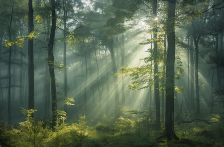Sunlight filters through the trees in a dense forest, creating beams of light that pierce the morning fog.の素材