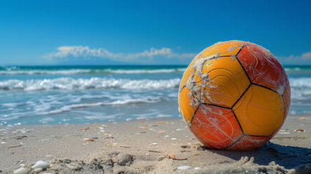 A vibrant beach ball rests on the sandy beach, contrasting against the neutral tones of the grains.の素材
