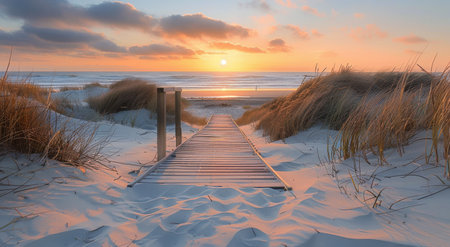 A wooden path leads through sand dunes to a beautiful beach sunset with a golden sky and a clear blue ocean.の素材
