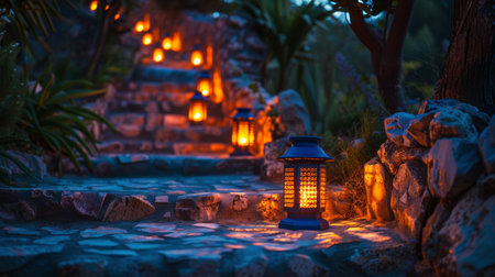 A cluster of lights illuminates a set of steps, providing visibility and safety in the dark.の素材