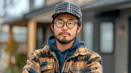 A man wearing glasses and a hat stands in front of a store, looking towards the camera.の素材
