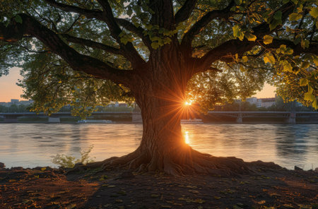A large tree stands tall against a golden sunset, casting its shadow over a river and distant city.の素材