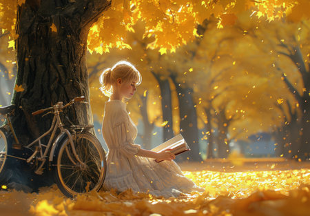 A young woman sits amidst fallen autumn leaves, engrossed in a book, with a bicycle parked nearby.の素材