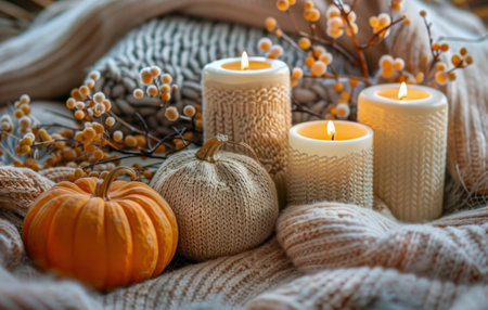 Three candles, lit and burning, on a soft knit blanket with a small pumpkin and autumnal branches.の素材