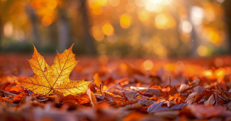 A single red maple leaf rests amongst a bed of fallen leaves, with sunlight filtering through the trees in the background.の素材
