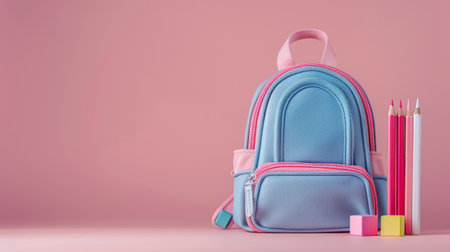 A blue backpack and a pink backpack filled with pencils.の素材